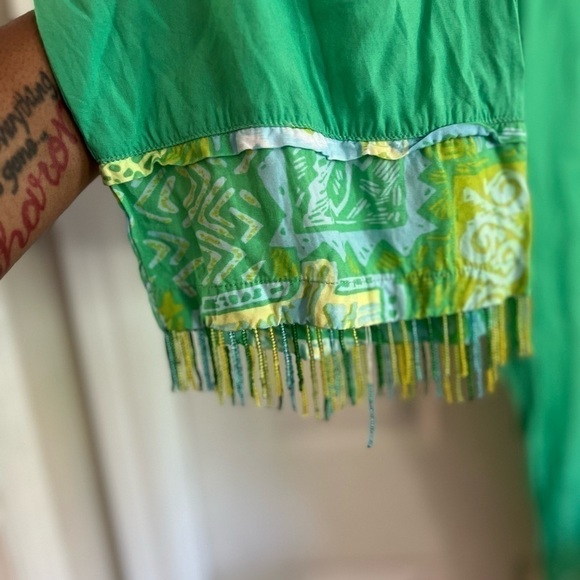 Vtg Paradiso Pull On Cropped Pants 1X  Kelly Green Flowy Boho Beaded Hem beach - Picture 4 of 7